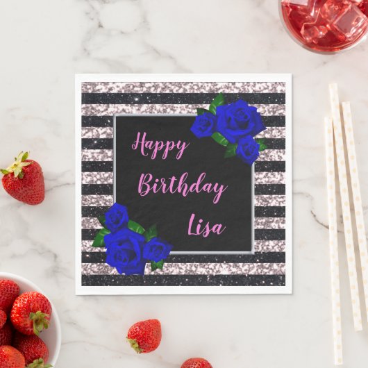 Pink Black Stripes Glitzer Deep Blue Rose Geburtst Serviette (Beispiel)