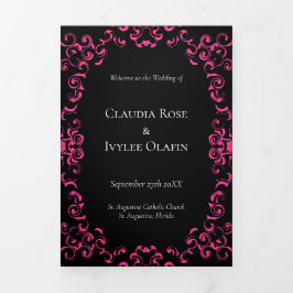 Pink Black Swirl Gothic Wedding Dreifach-gefaltete Programmkarte