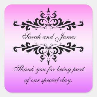 Pink Black Swirls Thank You Wedding Favor Quadratischer Aufkleber