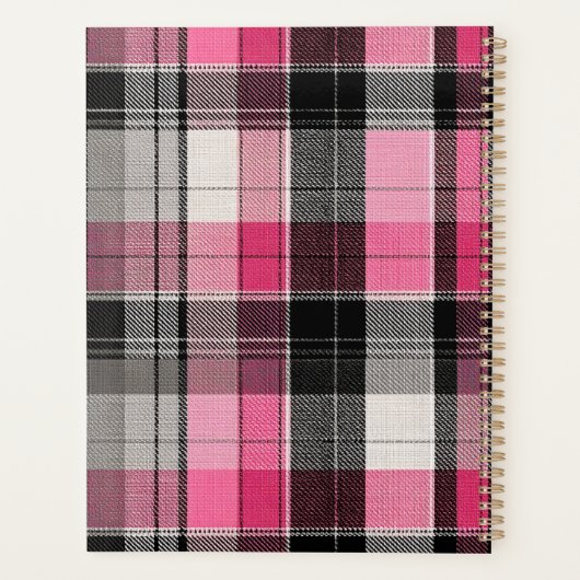 Pink black tartan plaid script name binder planer (Rückseite)