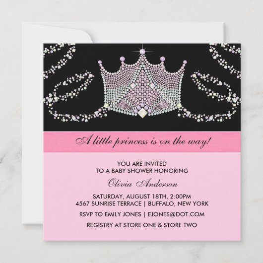 Pink Black Tiara Baby Girl Princess Baby Dusche Einladung (Vorderseite)