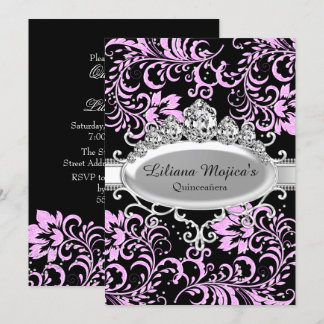 Pink Black Tiara und Glitzer Floral Quinceanera Einladung