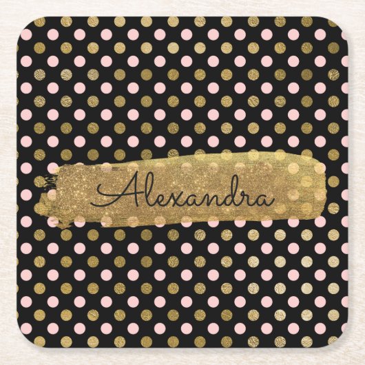 Pink, Black und Gold Foil Polka Dose Name Rechteckiger Pappuntersetzer (Vorderseite)