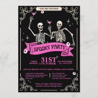Pink & Black Vintage Retro Skeleton Wedding Einladung