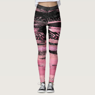 Pink Black Watercolor Glitzer Foil Pinselstriche Leggings
