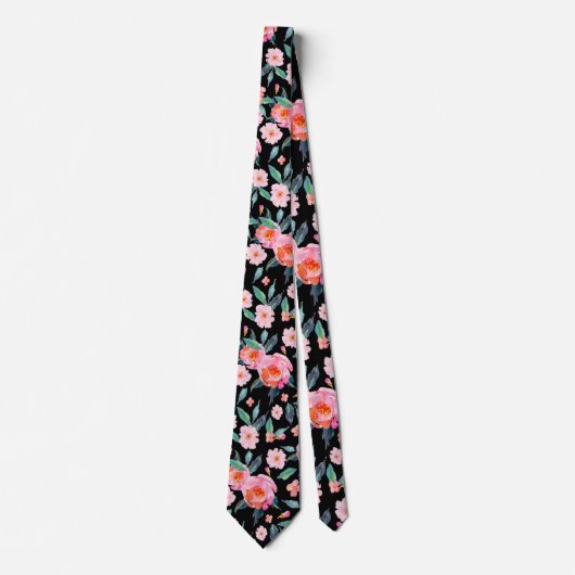 Pink Black Watercolor Rose Pattern Wedding Krawatte (Vorderseite)