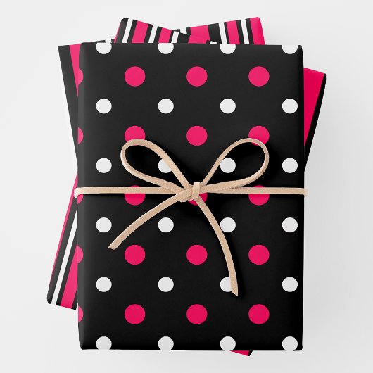 Pink, Black & White Fun Stripes & Polka Dots Geschenkpapier Set