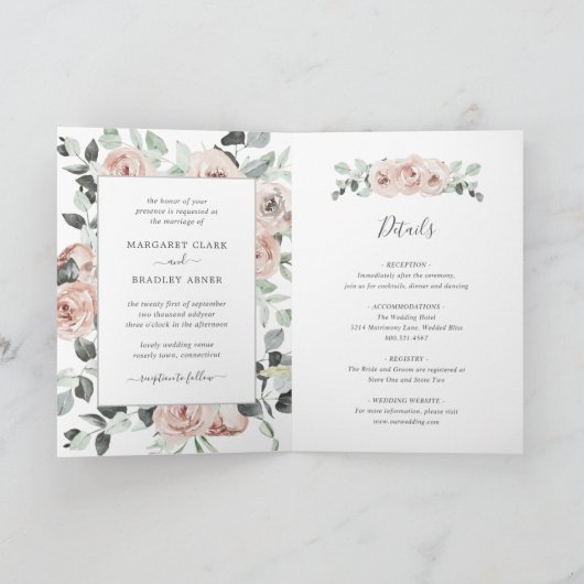 Pink bläserne Rose Faltenblüte Hochzeit Einladung (Innenseite)