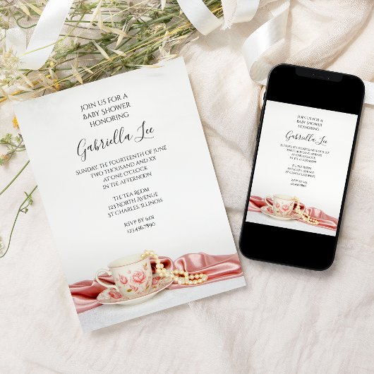Pink Bläsertee-Cup mit Pearls Baby-Dusche Einladung