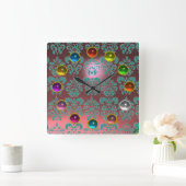 PINK BLAU AQUAMARIN DAMASK UND FARBE 3D GEM STEINE QUADRATISCHE WANDUHR (Zuhause)