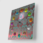 PINK BLAU AQUAMARIN DAMASK UND FARBE 3D GEM STEINE QUADRATISCHE WANDUHR (Winkel)