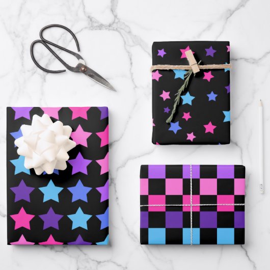 PINK BLAU LILA STARTEN & KARO PATTERN GESCHENKPAPIER SET (Vorderseite)