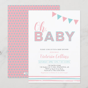 Pink & Blau   Moderne Typografie Mädchen Baby-Part Einladung