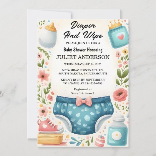 Pink blauer Vater abwischen und Babydusche abwisch Einladung (Vorderseite)