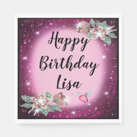 Pink Bling Floral Bird Geburtstag Serviette (Vorderseite)