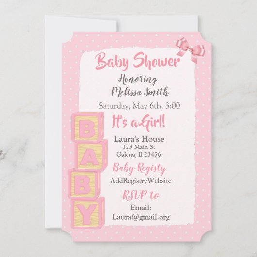 Pink Blocks and Bows Baby Girl Shower Einladung (Vorderseite)