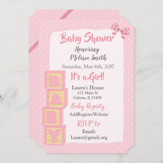 Pink Blocks and Bows Baby Girl Shower Einladung (Vorne/Hinten)