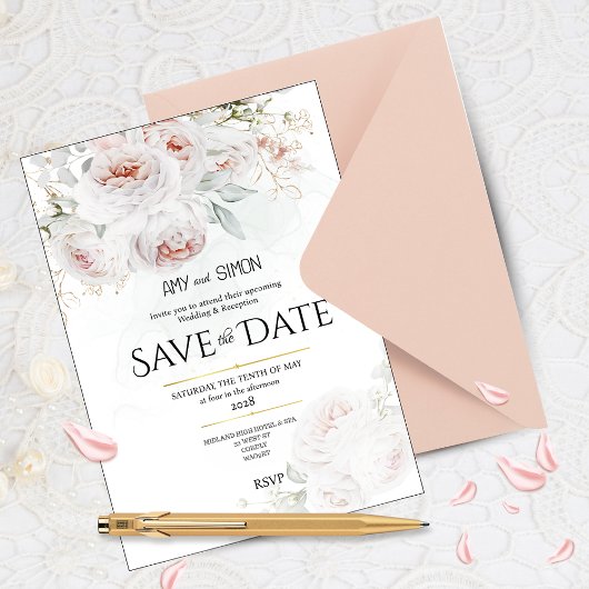 Pink Bloom Rose Save the Date Einladung Hochzeit