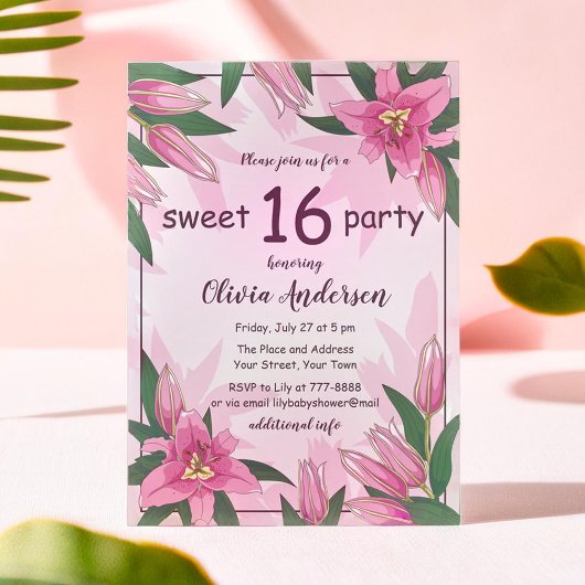 Pink Blooming Lilies 16 . Geburtstag Party Einladung