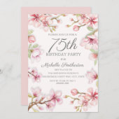 Pink Blooms Green Blätter Frauen 75. Geburtstag Einladung (Vorne/Hinten)