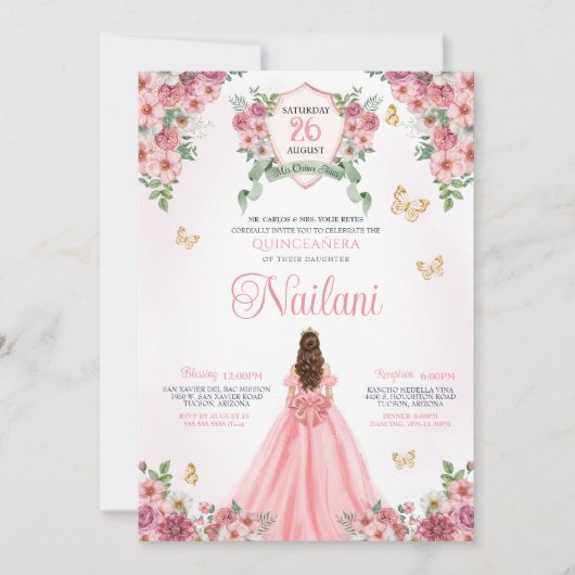 Pink Blooms Schmetterling Gold Pink Floral Quincea Einladung (Vorderseite)
