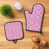 Pink Blossom Retro Tile Pattern Ofenhandschuh & Topflappen-Set (Oben Unten)