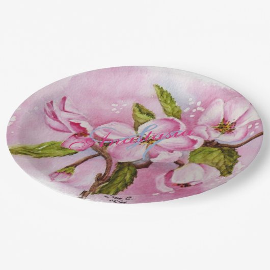 PINK BLOSSOM SPRING PARTY MONOGRAM PAPPTELLER (Schrägansicht)