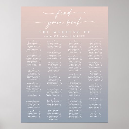 Pink & Blue Alphabetical Wedding Seating Chart Poster (Vorne)