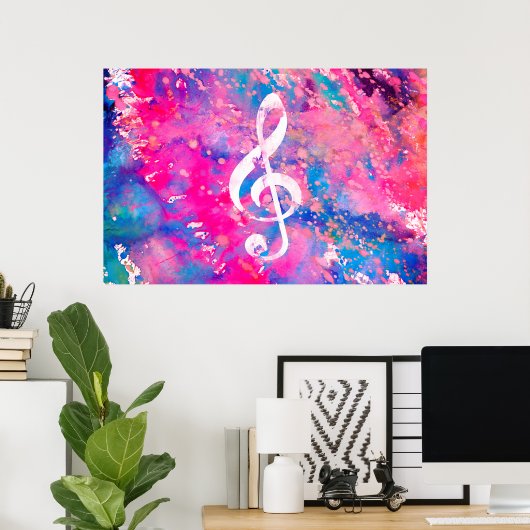 Pink Blue Aquarellfarben Musiknote Treble Clef Poster (Heimbüro)