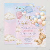 Pink & Blue Balloon Er oder Sie Bär Geschlechtsent Einladung (Vorne/Hinten)