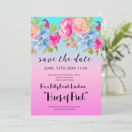 Pink Blue Beach Gradient Bridal Save the Date Einladung (Stehend Vorderseite)