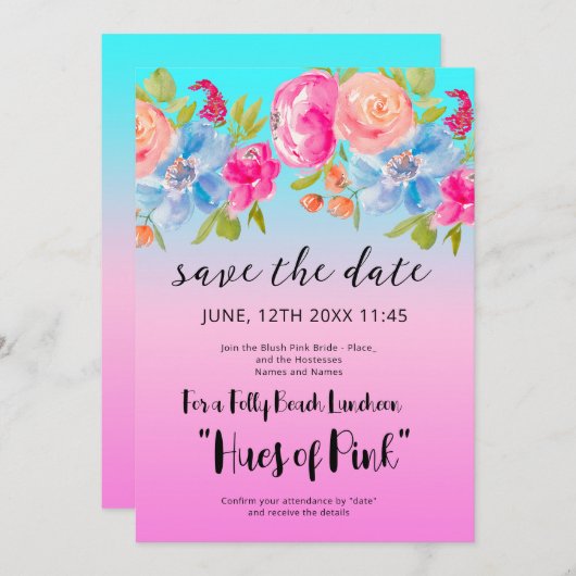 Pink Blue Beach Gradient Bridal Save the Date Einladung (Vorne/Hinten)