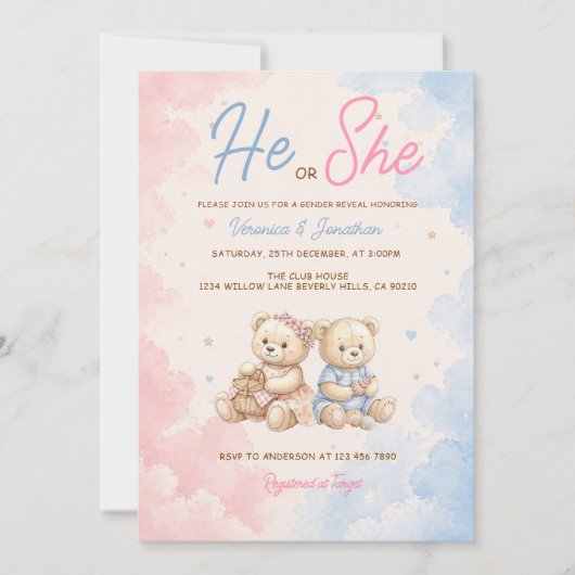 Pink & Blue Bear Er oder Sie Geschlechtsenthüllung Einladung (Vorderseite)
