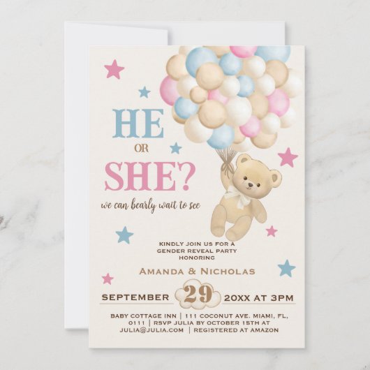 Pink Blue Beige Bärenballon & Stars Gender Reveal Einladung (Vorderseite)