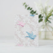 Pink Blue Birds Damask Lace Pattern Postkarte (Stehend Vorderseite)