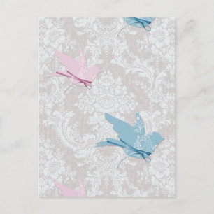 Pink Blue Birds Damask Lace Pattern Postkarte