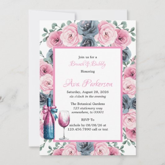 Pink & Blue Blooms Bouquet Brunch und Bubbly Einladung (Vorderseite)