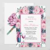 Pink & Blue Blooms Bouquet Brunch und Bubbly Einladung (Vorne/Hinten)