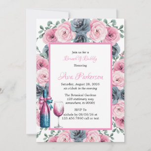 Pink & Blue Blooms Bouquet Brunch und Bubbly Einladung