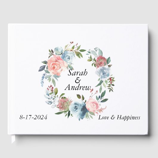 Pink Blue Boho Greenerenery Wreath Wedding Gästebuch (Vorderseite)