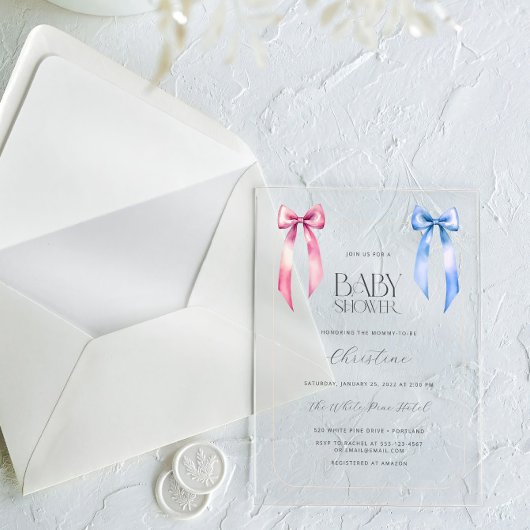 Pink Blue Bow Gender Neutral Baby Dusche Acryleinladungen