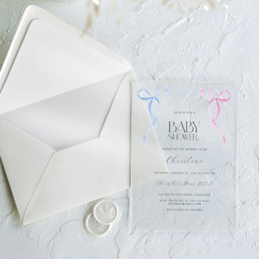 Pink Blue Bow Gender Neutral Baby Dusche Acryleinladungen