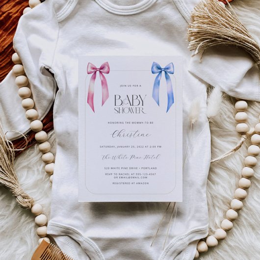 Pink Blue Bow Gender Neutral Baby Dusche Einladung