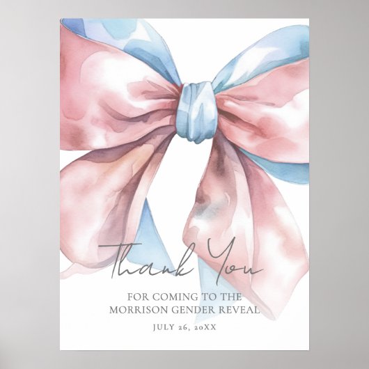 Pink Blue Bow Gender Reveal Thank You Sign Poster (Vorne)
