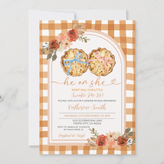 Pink Blue Bow Pumpkin Pie Gender Reveal Gingham Einladung (Vorderseite)