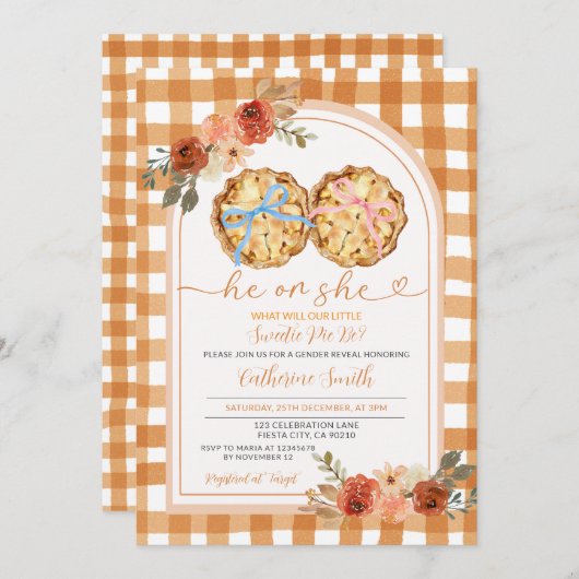 Pink Blue Bow Pumpkin Pie Gender Reveal Gingham Einladung (Vorne/Hinten)