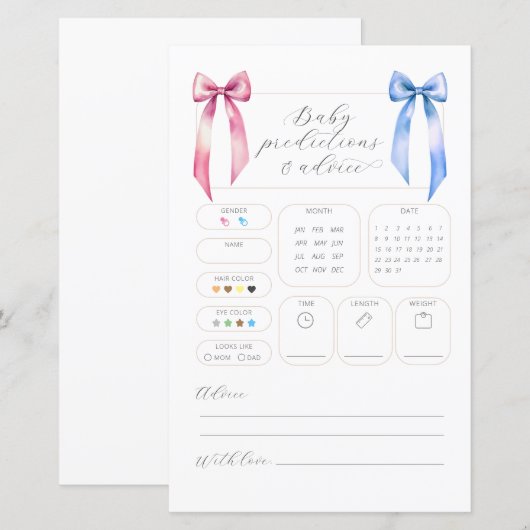 Pink Blue Bow Vorhersagen Ratschläge Baby Duschkar (Vorne/Hinten)
