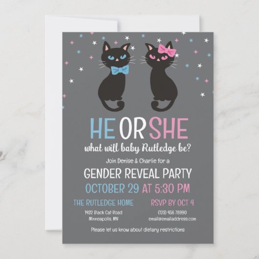 Pink Blue Bows Black Cats Gender Reveal Einladung (Vorderseite)