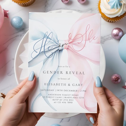 Pink & Blue Bows Gender Reveal Invitation Einladung
