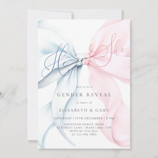 Pink & Blue Bows Gender Reveal Invitation Einladung (Vorderseite)